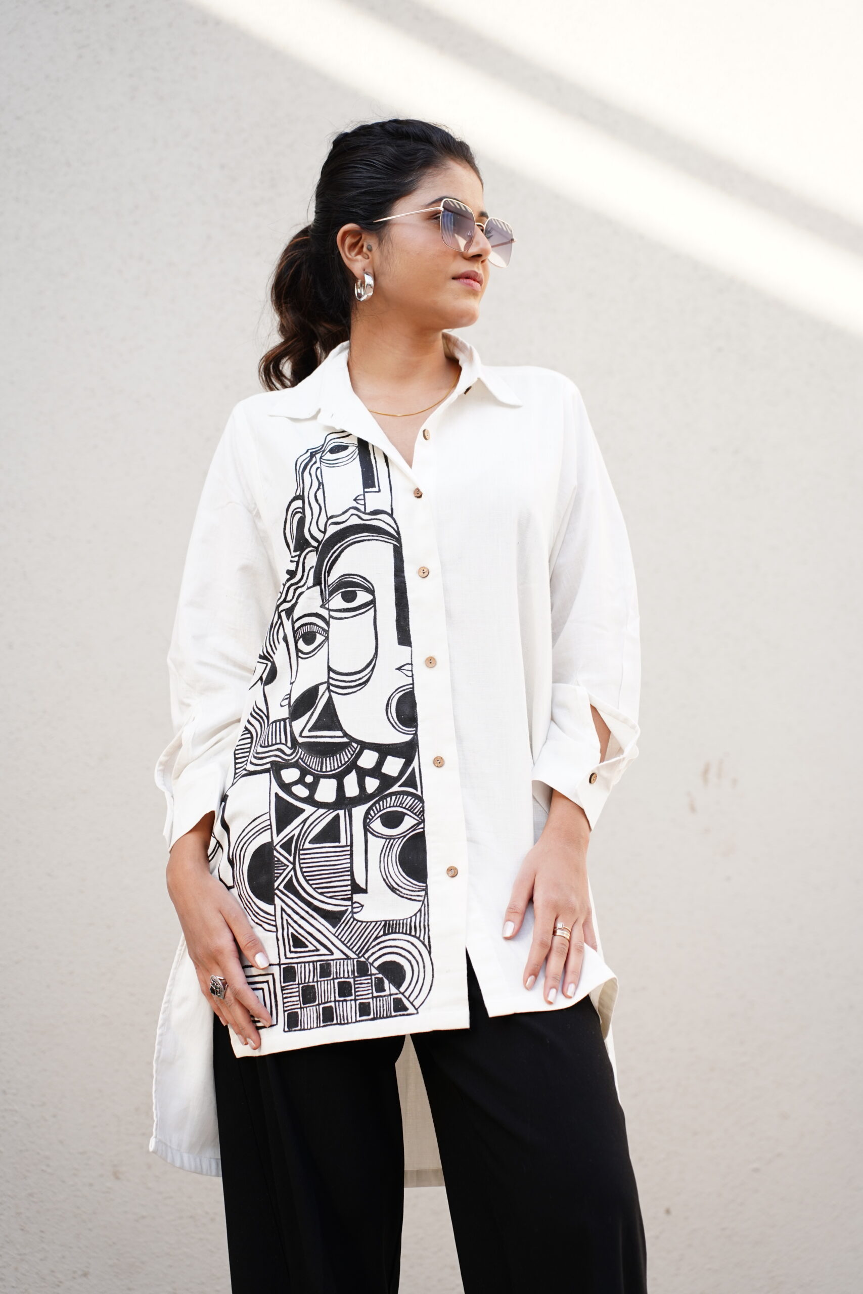 Rekharoop Women’s White Abstract Face Print Long Shirt - Image 4