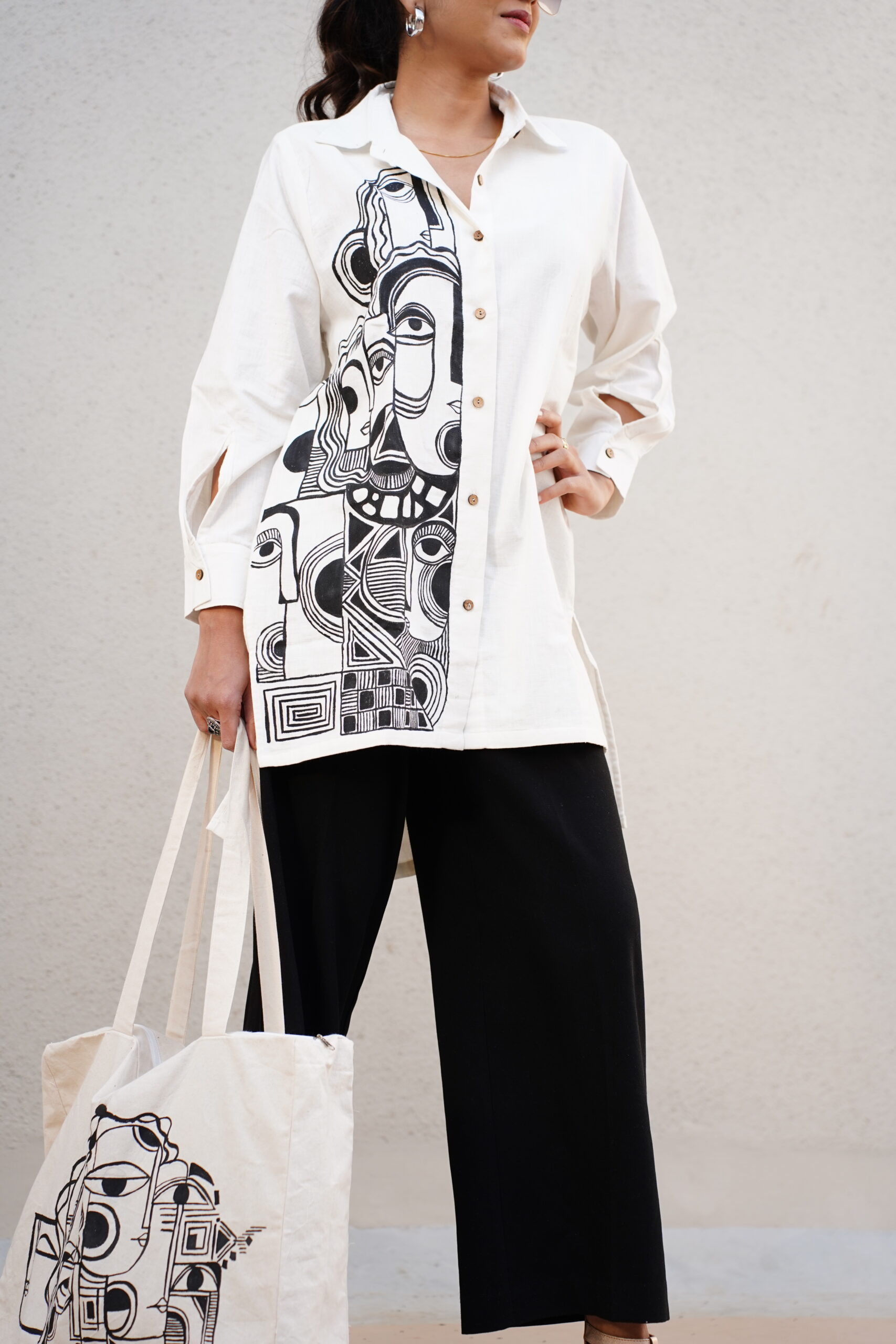Rekharoop Women’s White Abstract Face Print Long Shirt - Image 5