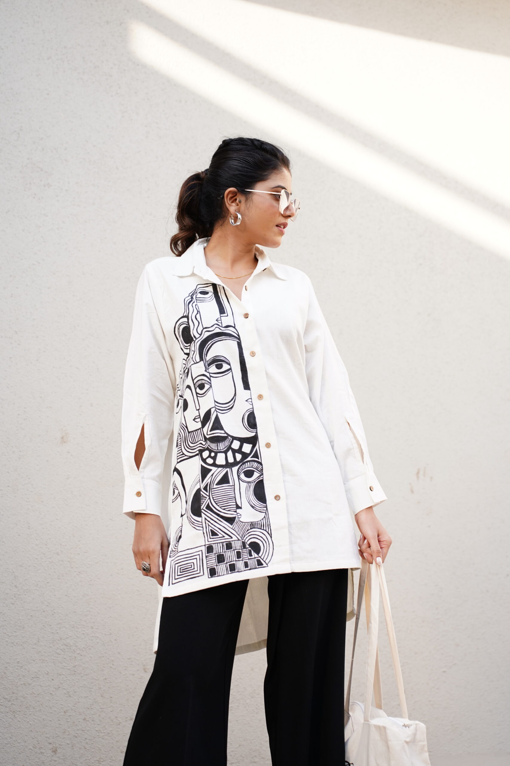 Rekharoop Women’s White Abstract Face Print Long Shirt - Image 3