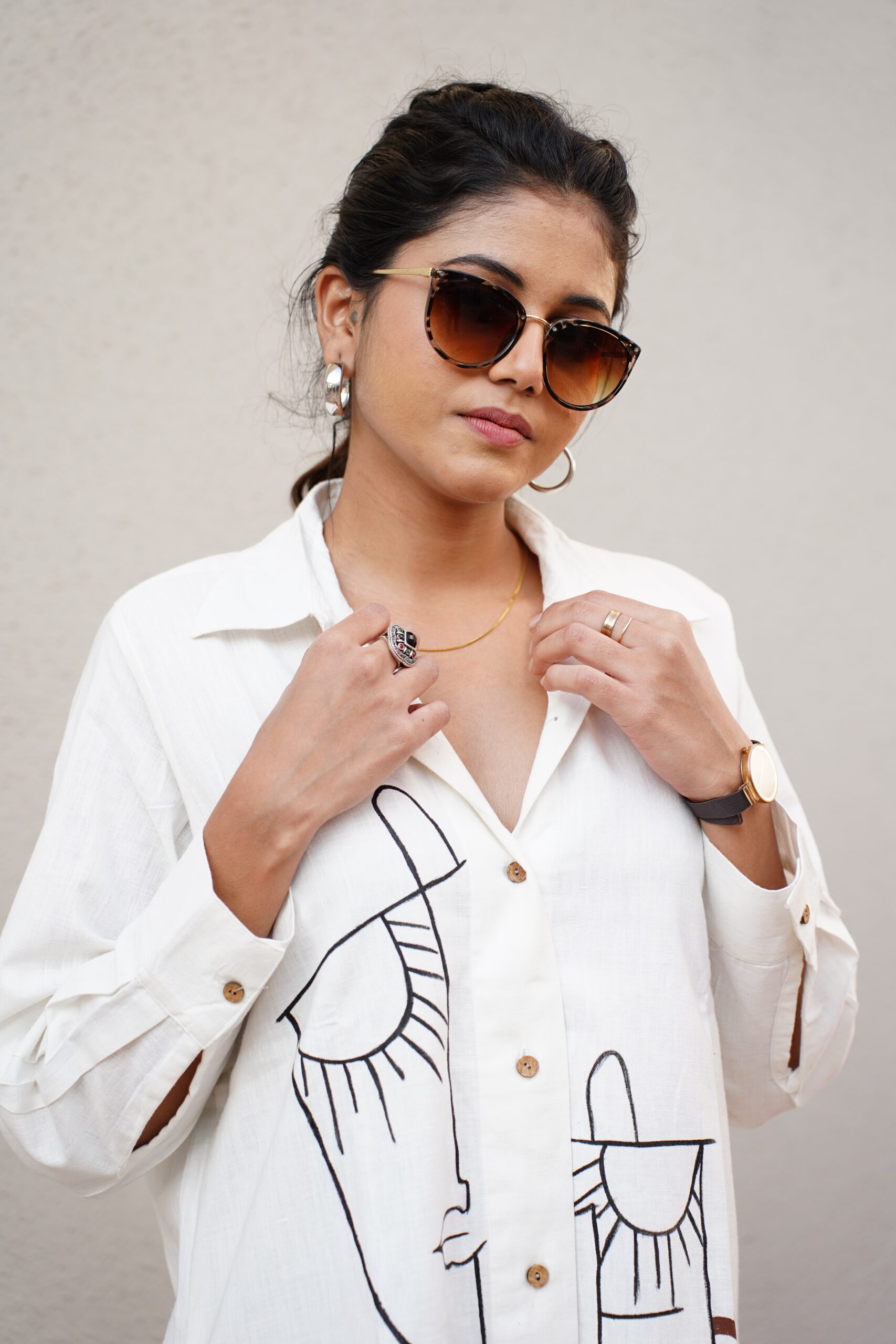 Rekharoop Women’s White Abstract Face Print Long Shirt - Image 2