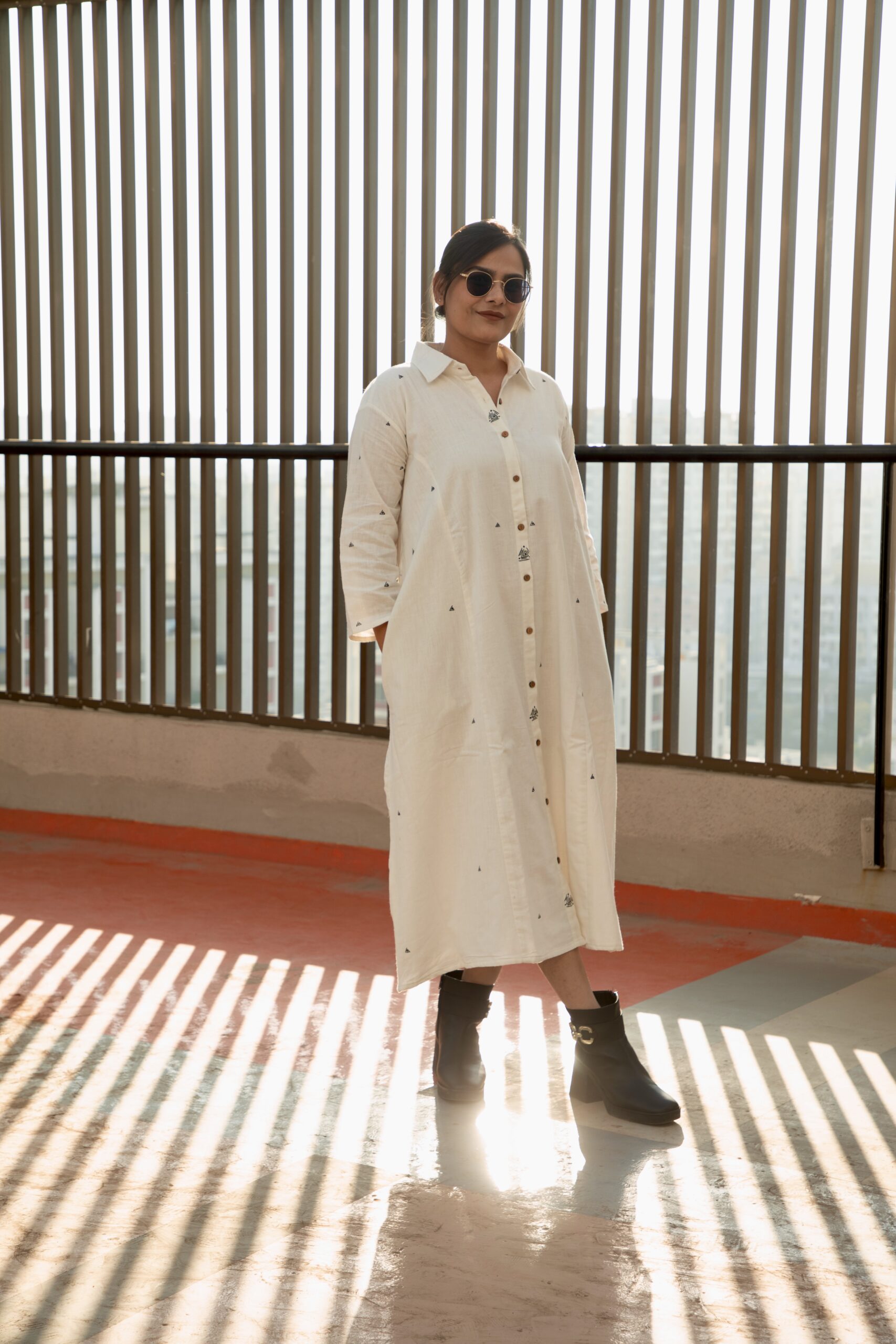 White Hand-Painted Khadi Shirt Dress(Akriti)