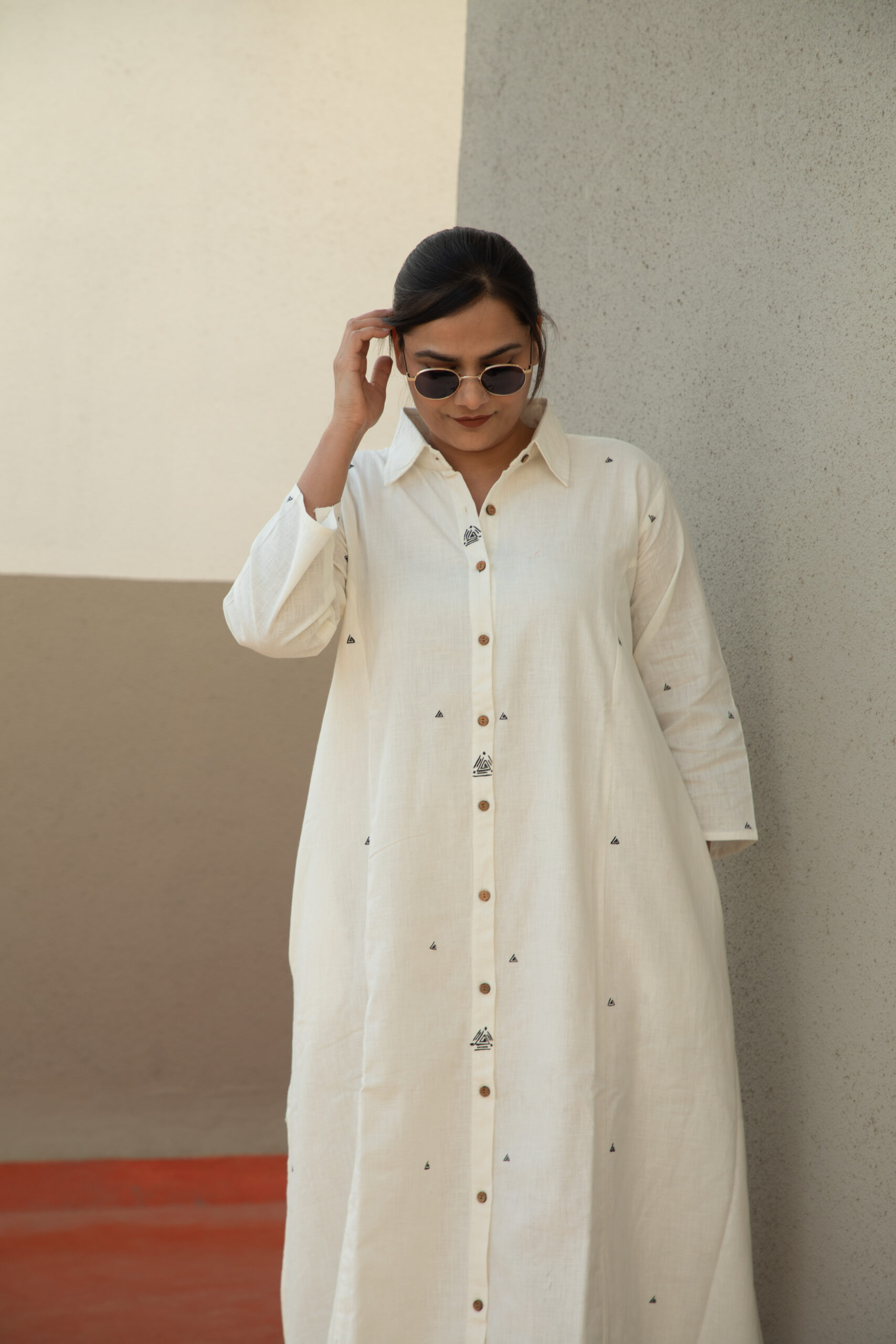 White Hand-Painted Khadi Shirt Dress(Akriti) - Image 4