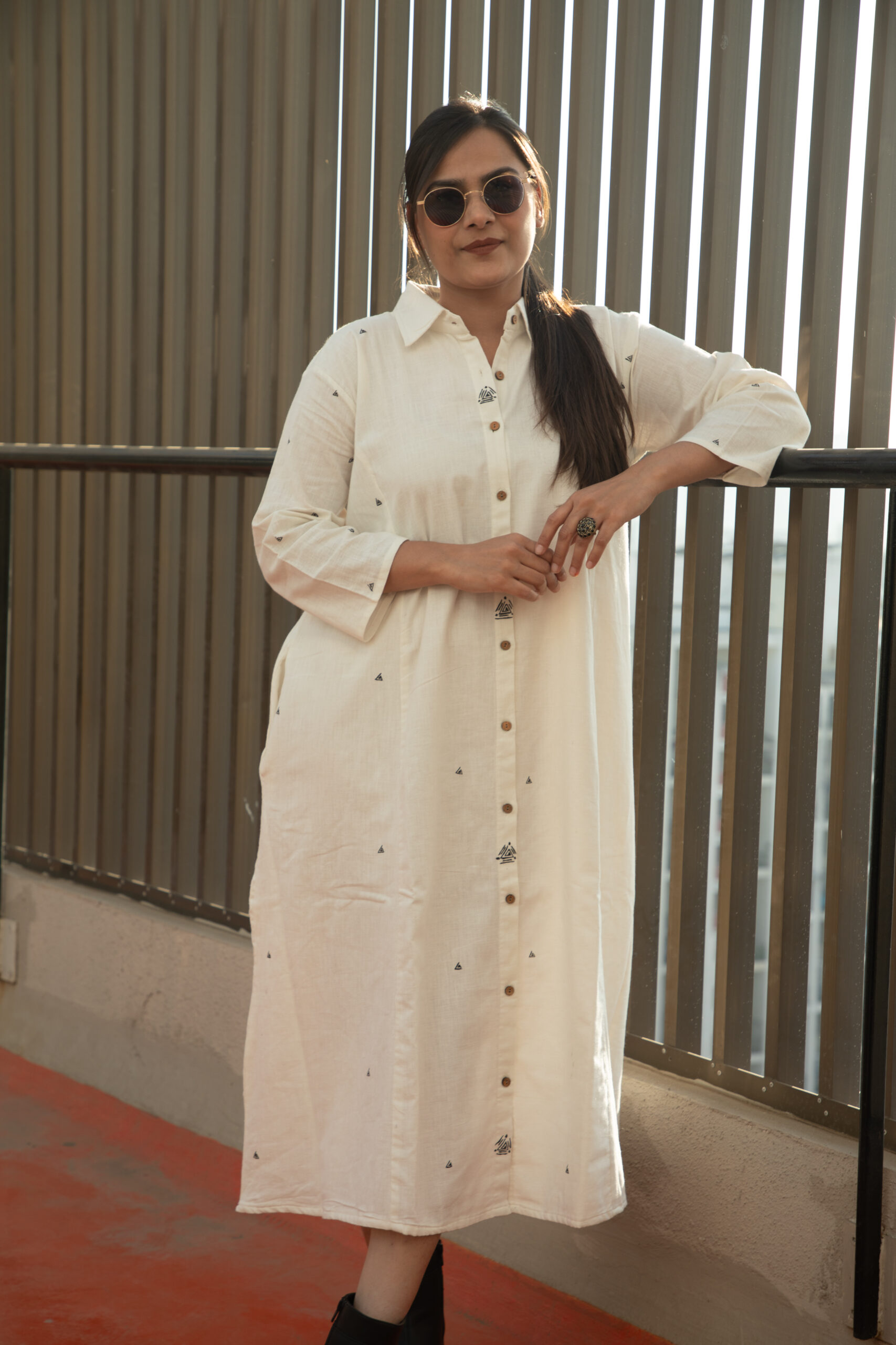 White Hand-Painted Khadi Shirt Dress(Akriti) - Image 6